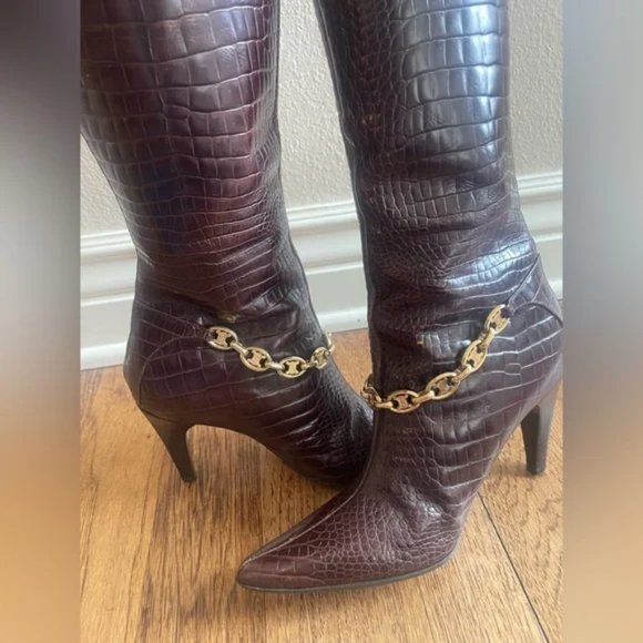 Celine Chocolate Brown Crocodile Boots With Chain - Picture 2 of 7